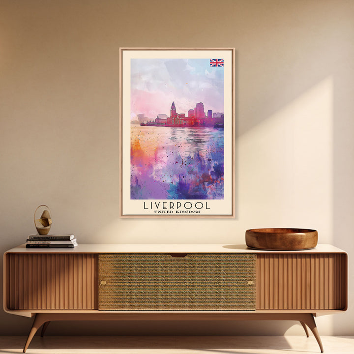 Liverpool United Kingdom Travel Poster Framed Canvas Print, Historic Cityscape, Watercolor Art, Wall Decor, Home Decoration, Travel Print, Original Art