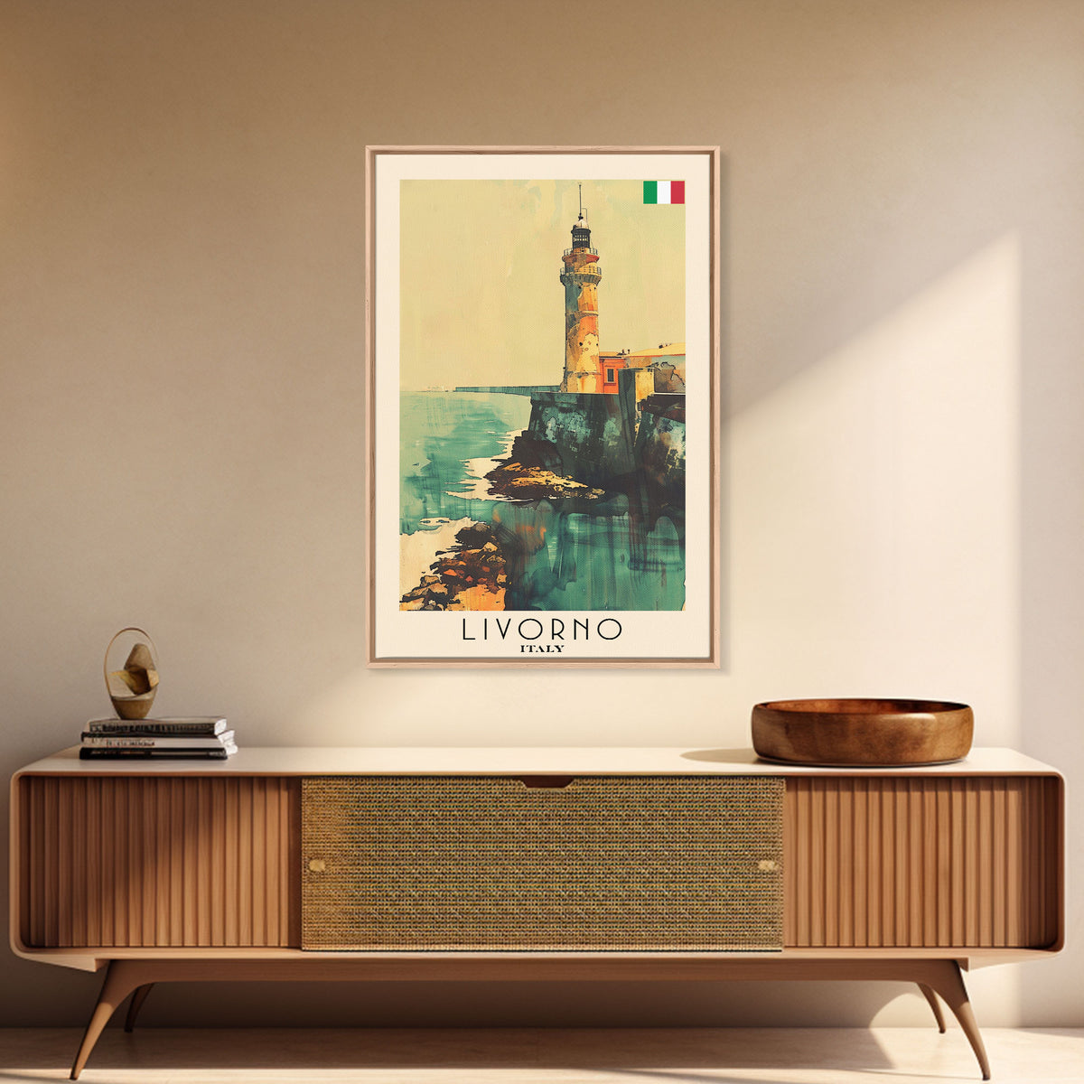 Livorno Italy Travel Poster Framed Canvas Print, Coastal Landscape, Watercolor Painting, Wall Art, Home Decor, Travel Print, Artistic Gift