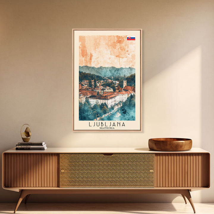 Ljubljana Slovenia Travel Poster Framed Canvas Print, Urban Landscape, Watercolor Art, Wall Decor, Home Decoration, Travel Print, Original Art