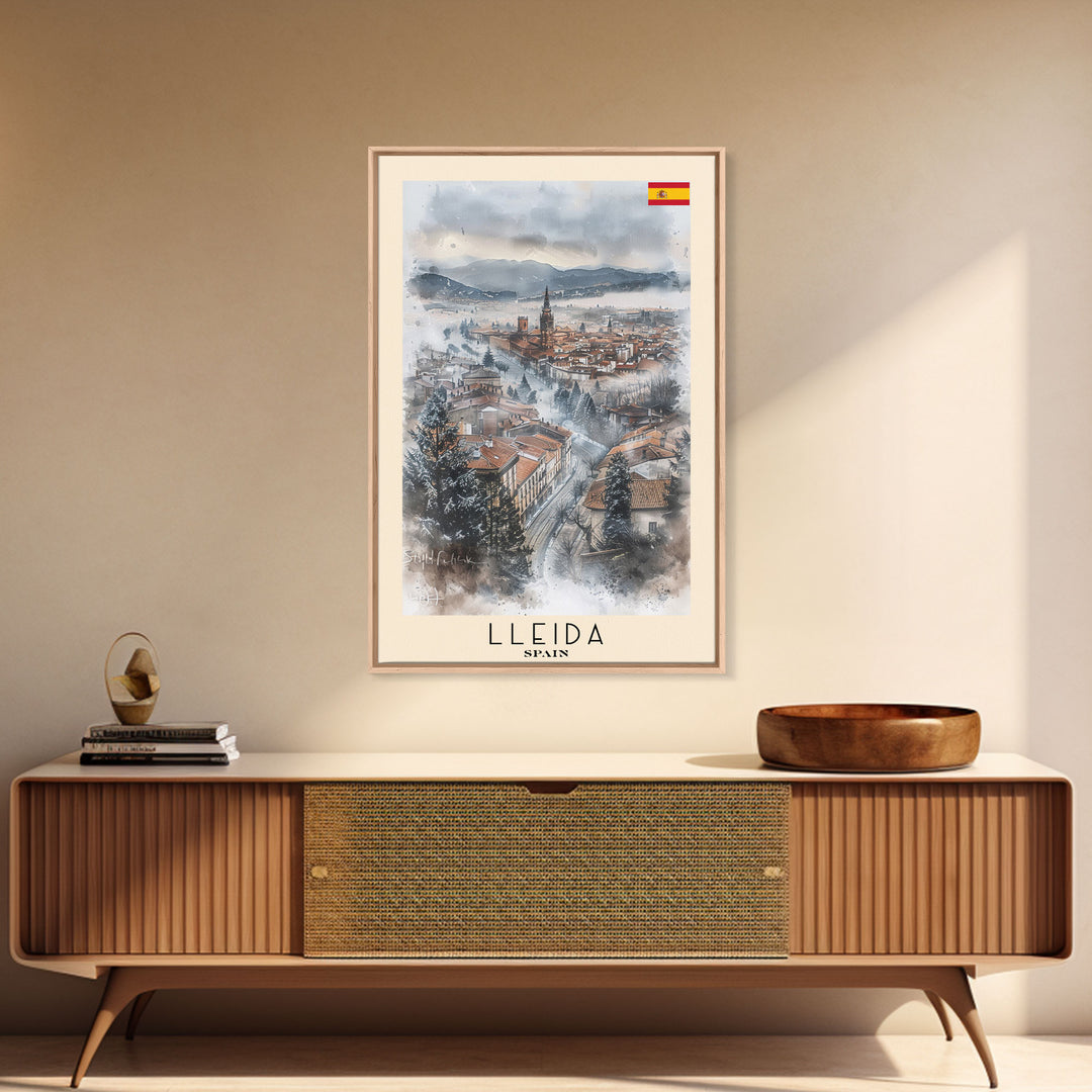 Lleida Spain Travel Poster Framed Canvas Print, Urban Landscape, Watercolor Art, Wall Decor, Home Decoration, Travel Print, Original Art