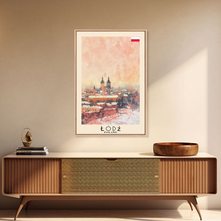 Lodz Poland Travel Poster Framed Canvas Print, Historic Cityscape, Watercolor Painting, Wall Art, Home Decor, Travel Print, Artistic Gift
