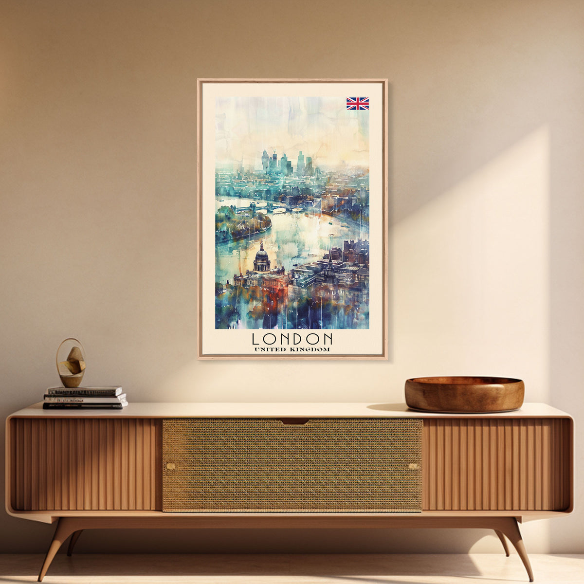 London United Kingdom Travel Poster Framed Canvas Print, Iconic Cityscape, Watercolor Art, Wall Decor, Home Decoration, Travel Print, Artistic Gift