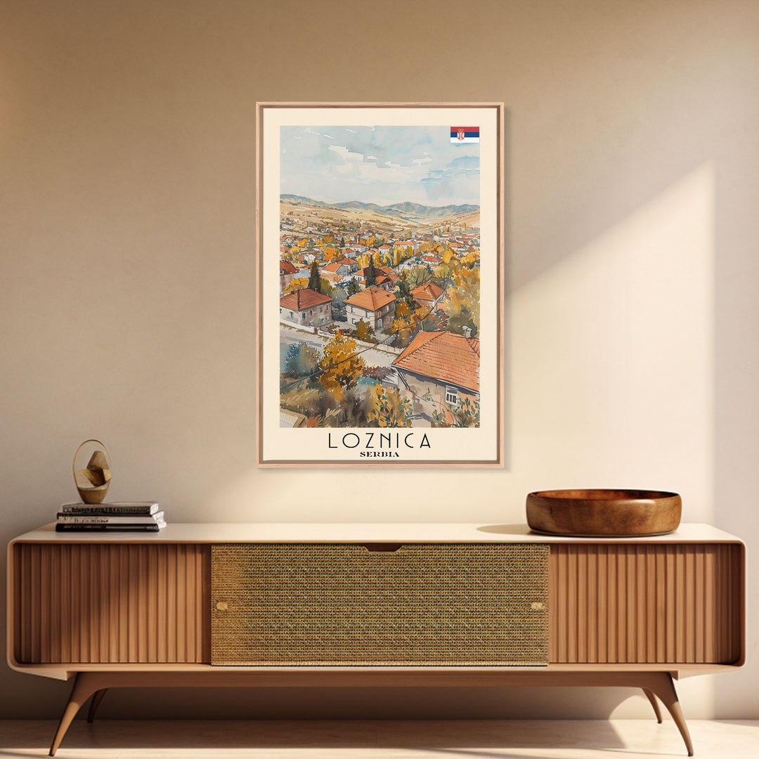 Loznica Serbia Travel Poster Framed Canvas Print, Urban Landscape, Watercolor Art, Wall Decor, Home Decoration, Travel Print, Original Art