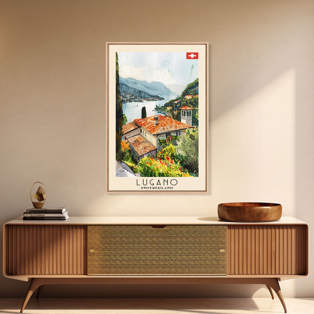 Lugano Switzerland Travel Poster Framed Canvas Print, Lakeside Cityscape, Watercolor Painting, Wall Art, Home Decoration, Travel Print, Artistic Gift