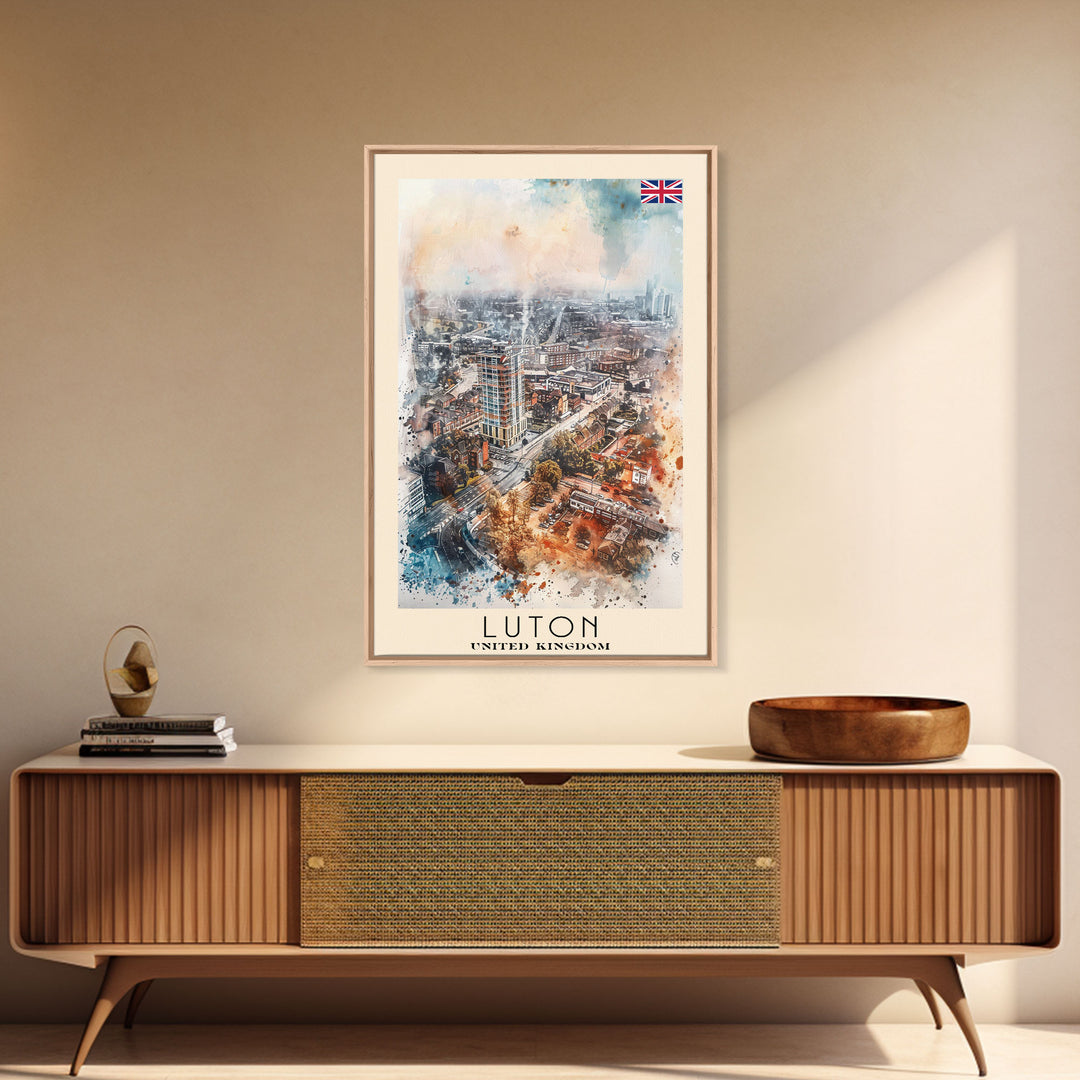 Luton United Kingdom Travel Poster Framed Canvas Print, Vibrant Cityscape, Urban Art, Wall Decor, Interior Design, Travel Print, Unique Art