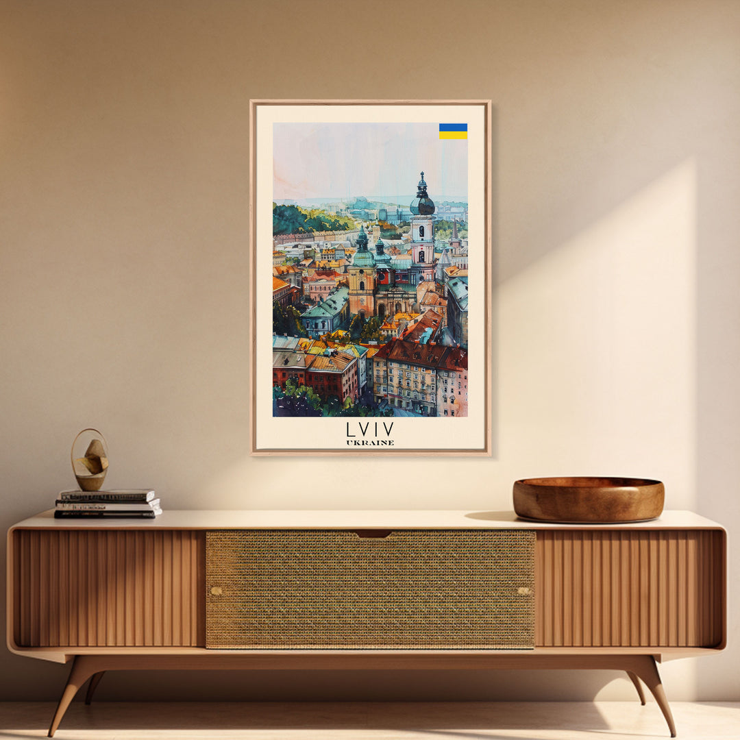 Lviv Ukraine Travel Poster Framed Canvas Print, Colorful Cityscape, Urban Wall Art, Home Decoration, Travel Print, Original Painting