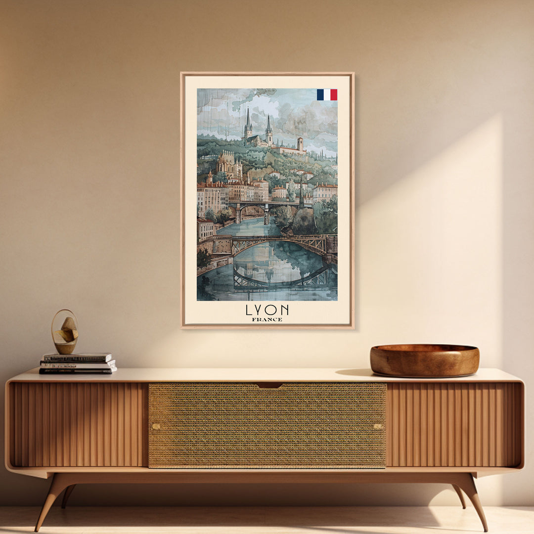 Lyon France Travel Poster Framed Canvas Print, Historic Cityscape, Watercolor Art, Wall Hanging, Home Decor, Travel Print, Art Collectible