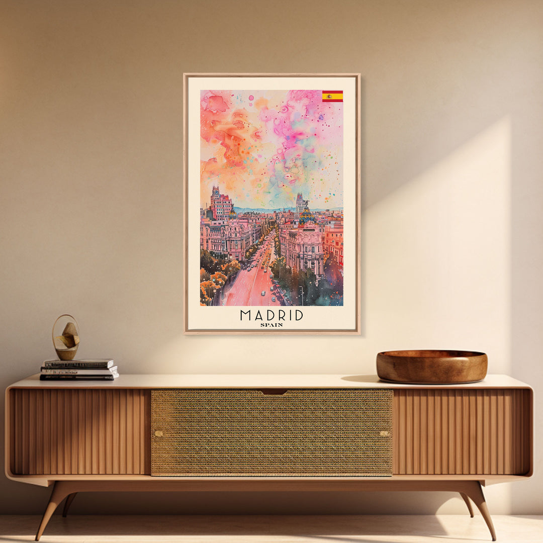Madrid Spain Travel Poster Framed Canvas Print, Iconic Cityscape, Urban Art, Wall Decor, Home Decoration, Travel Print, Original Artwork