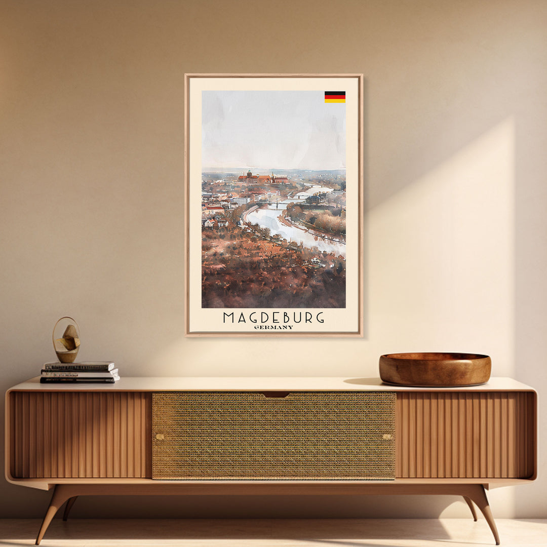 Magdeburg Germany Travel Poster Framed Canvas Print, Historic Landmarks, Watercolor Art, Wall Decor, Home Interior, Travel Print, Artistic Gift