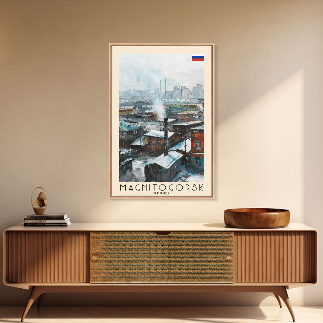 Magnitogorsk Russia Travel Poster Framed Canvas Print, Industrial Cityscape, Watercolor Painting, Wall Art, Home Decor, Travel Print, Original Piece