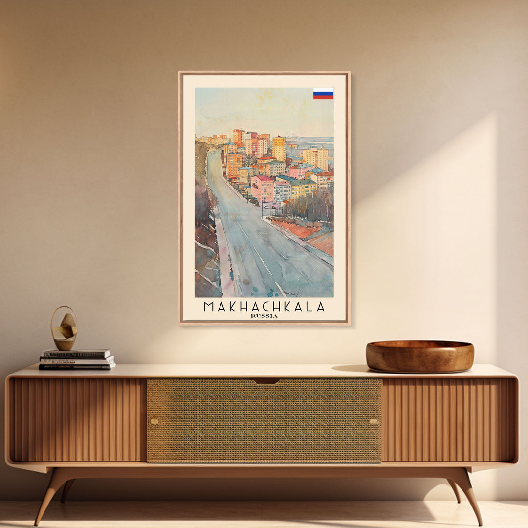Makhachkala Russia Travel Poster Framed Canvas Print, Coastal Cityscape, Watercolor Art, Wall Hanging, Home Decor, Travel Print, Artistic Gift