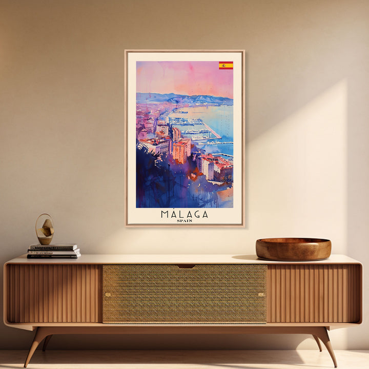 Malaga Spain Travel Poster Framed Canvas Print, Vibrant Coastline, Watercolor Art, Wall Decoration, Interior Decor, Travel Print, Unique Artwork