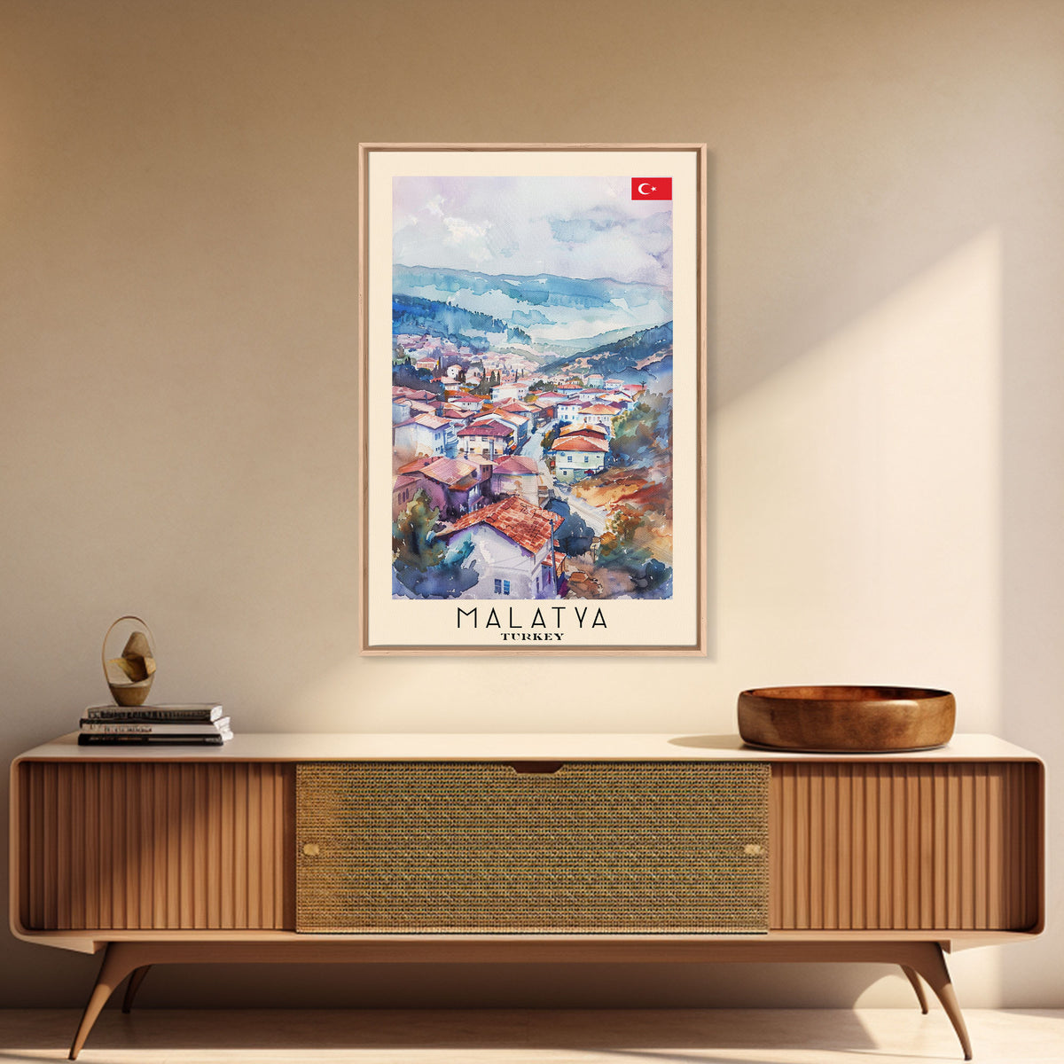 Malatya Turkey Travel Poster Framed Canvas Print, Historic Landscape, Watercolor Art, Wall Art, Home Decoration, Travel Print, Artistic Gift