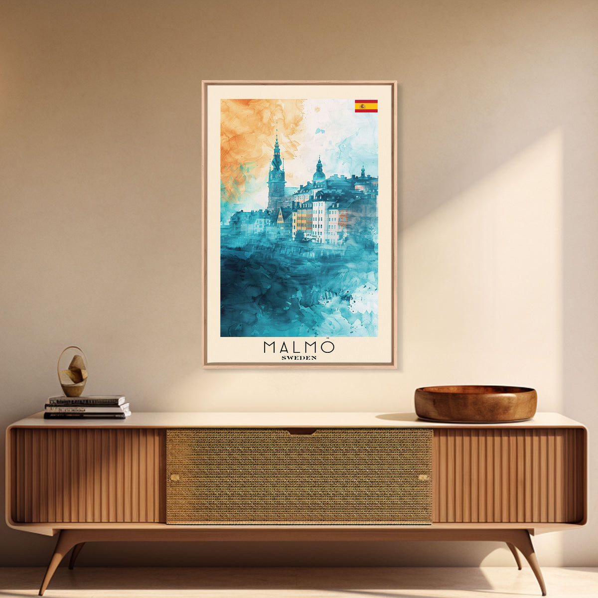 Malmo Sweden Travel Poster Framed Canvas Print, Modern Cityscape, Urban Art, Wall Hanging, Home Decor, Travel Print, Original Piece