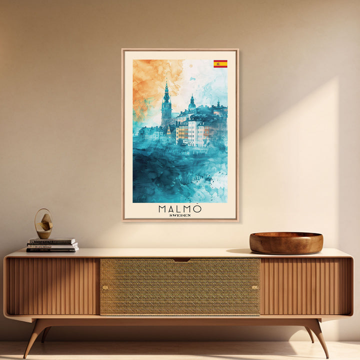 Malmo Sweden Travel Poster Framed Canvas Print, Modern Cityscape, Urban Art, Wall Hanging, Home Decor, Travel Print, Original Piece
