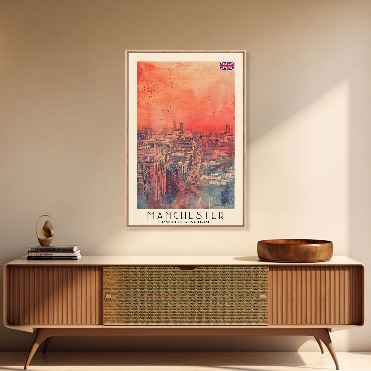Manchester United Kingdom Travel Poster Framed Canvas Print, Iconic Landmarks, Watercolor Painting, Wall Decor, Interior Art, Travel Print, Artistic Gift