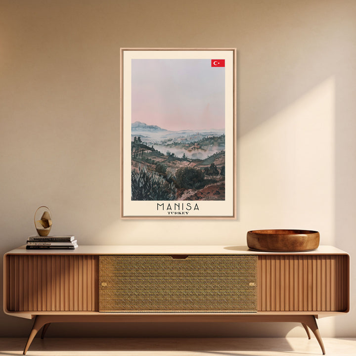 Manisa Turkey Travel Poster Framed Canvas Print, Scenic Landscape, Watercolor Art, Wall Decoration, Home Design, Travel Print, Unique Art