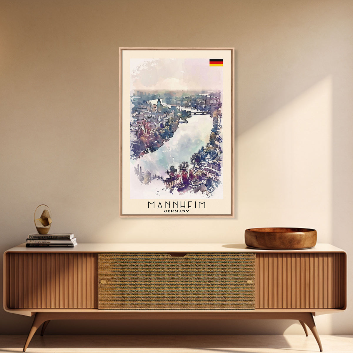 Mannheim Germany Travel Poster Framed Canvas Print, Historic Architecture, Watercolor Art, Wall Hanging, Interior Decor, Travel Print, Original Painting