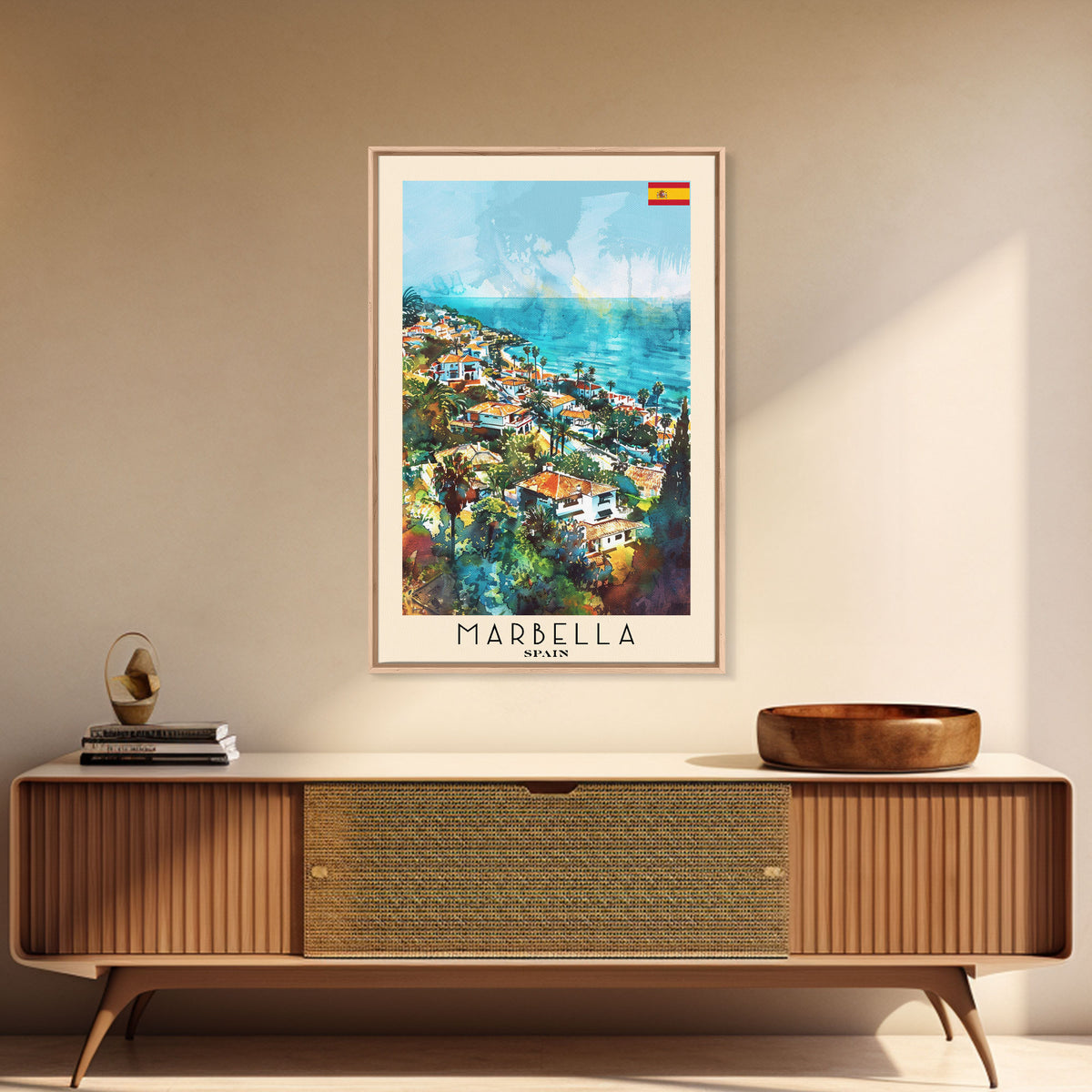 Marbella Spain Travel Poster Framed Canvas Print, Coastal Cityscape, Watercolor Painting, Wall Decor, Home Decoration, Travel Print, Artistic Piece