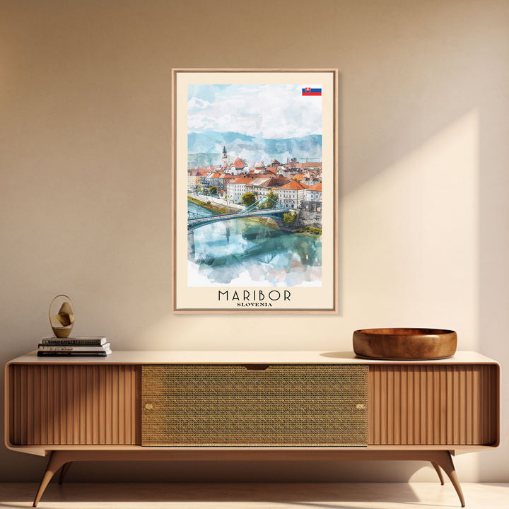 Maribor Slovenia Travel Poster Framed Canvas Print, Urban Landscape, Watercolor Art, Wall Hanging, Home Decor, Travel Print, Original Art