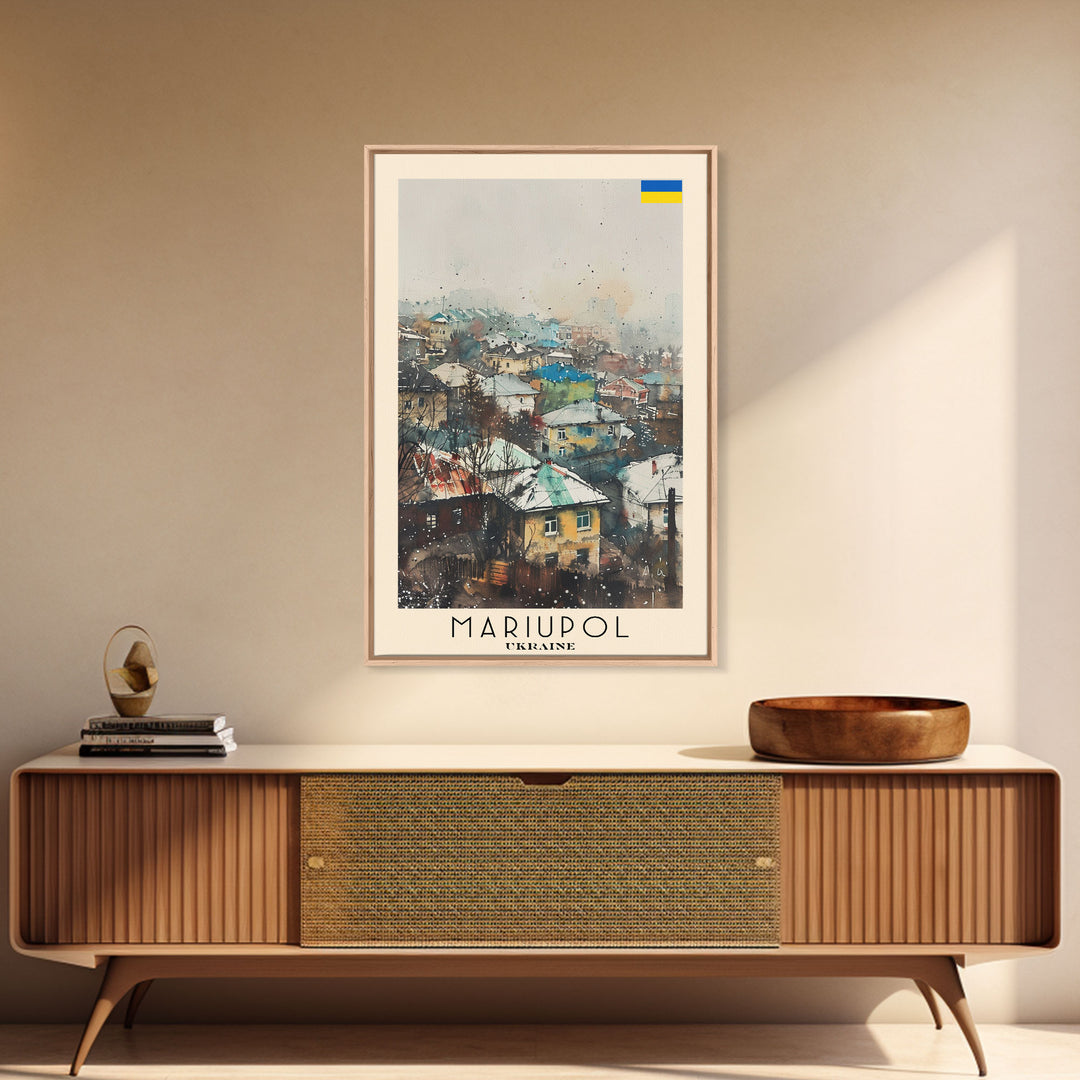 Mariupol Ukraine Travel Poster Framed Canvas Print, Scenic Cityscape, Watercolor Painting, Wall Decor, Interior Design, Travel Print, Unique Artwork