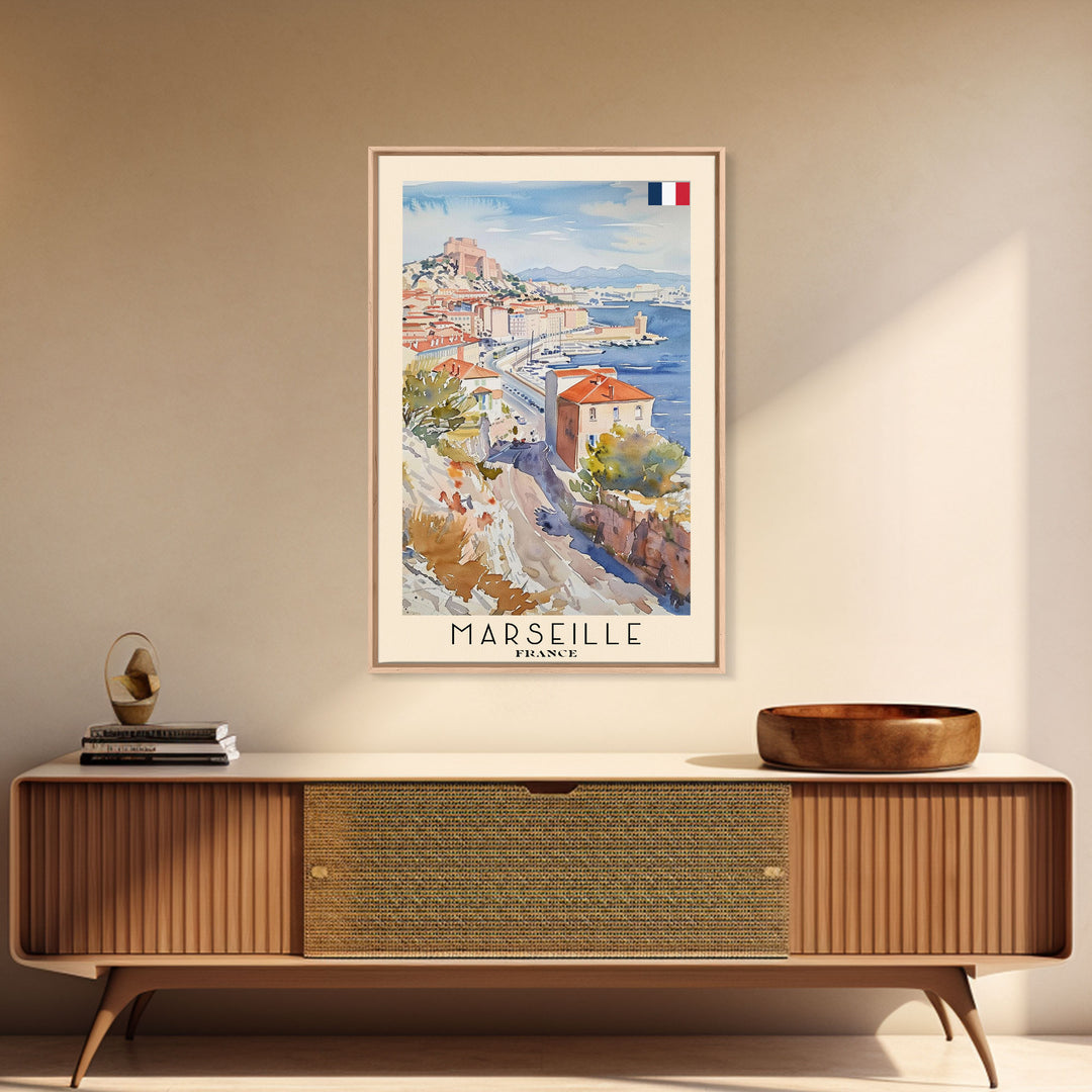 Marseille France Travel Poster Framed Canvas Print, Vibrant Cityscape, Watercolor Art, Wall Hanging, Home Decoration, Travel Print, Artistic Gift