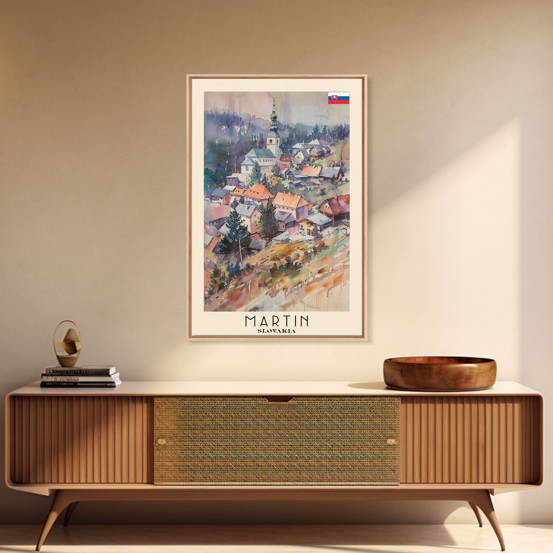 Martin Slovakia Travel Poster Framed Canvas Print, Scenic Mountain Landscape, Watercolor Art, Wall Decor, Home Interior, Travel Print, Unique Artwork