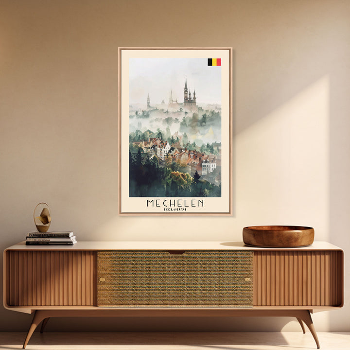 Mechelen Belgium Travel Poster Framed Canvas Print, Historic Architecture, Watercolor Painting, Wall Hanging, Home Decor, Travel Print, Artistic Piece