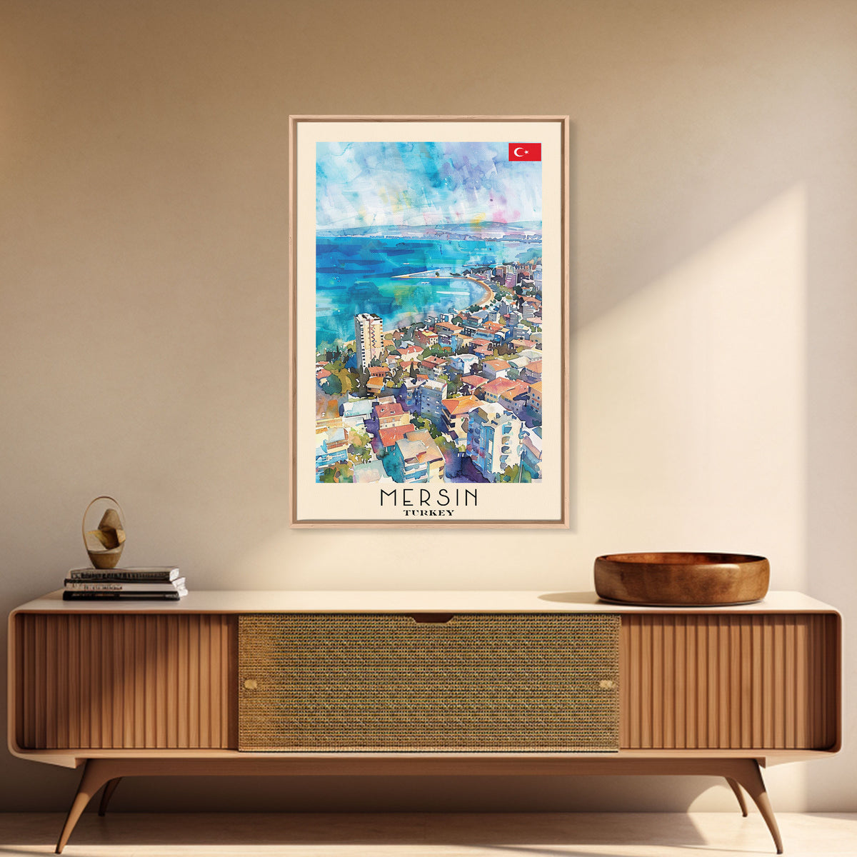 Mersin Turkey Travel Poster Framed Canvas Print, Coastal Landscape, Watercolor Art, Wall Decoration, Interior Design, Travel Print, Original Painting