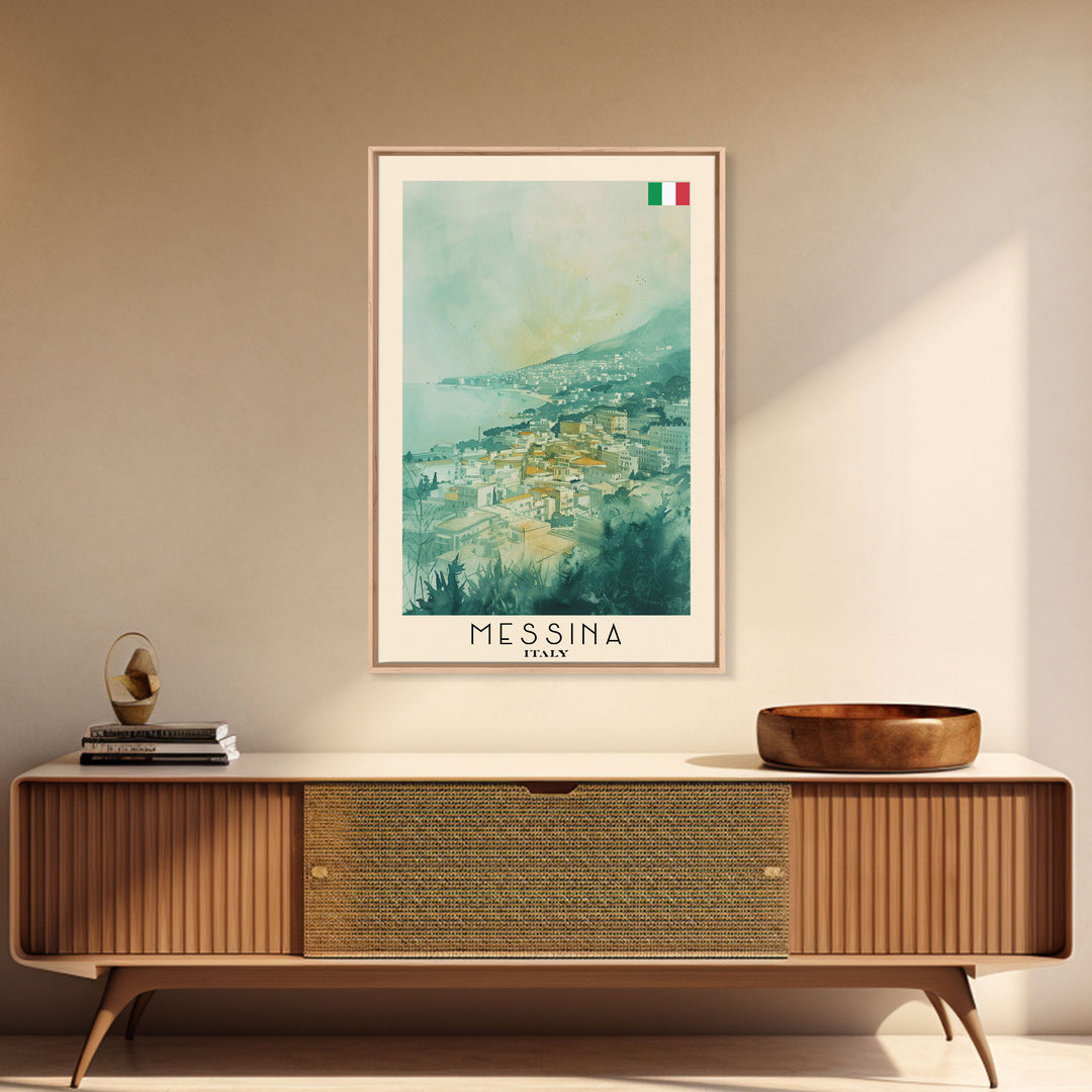 Messina Italy Travel Poster Framed Canvas Print, Urban Coastal Cityscape, Watercolor Art, Wall Decor, Home Decoration, Travel Print, Unique Art