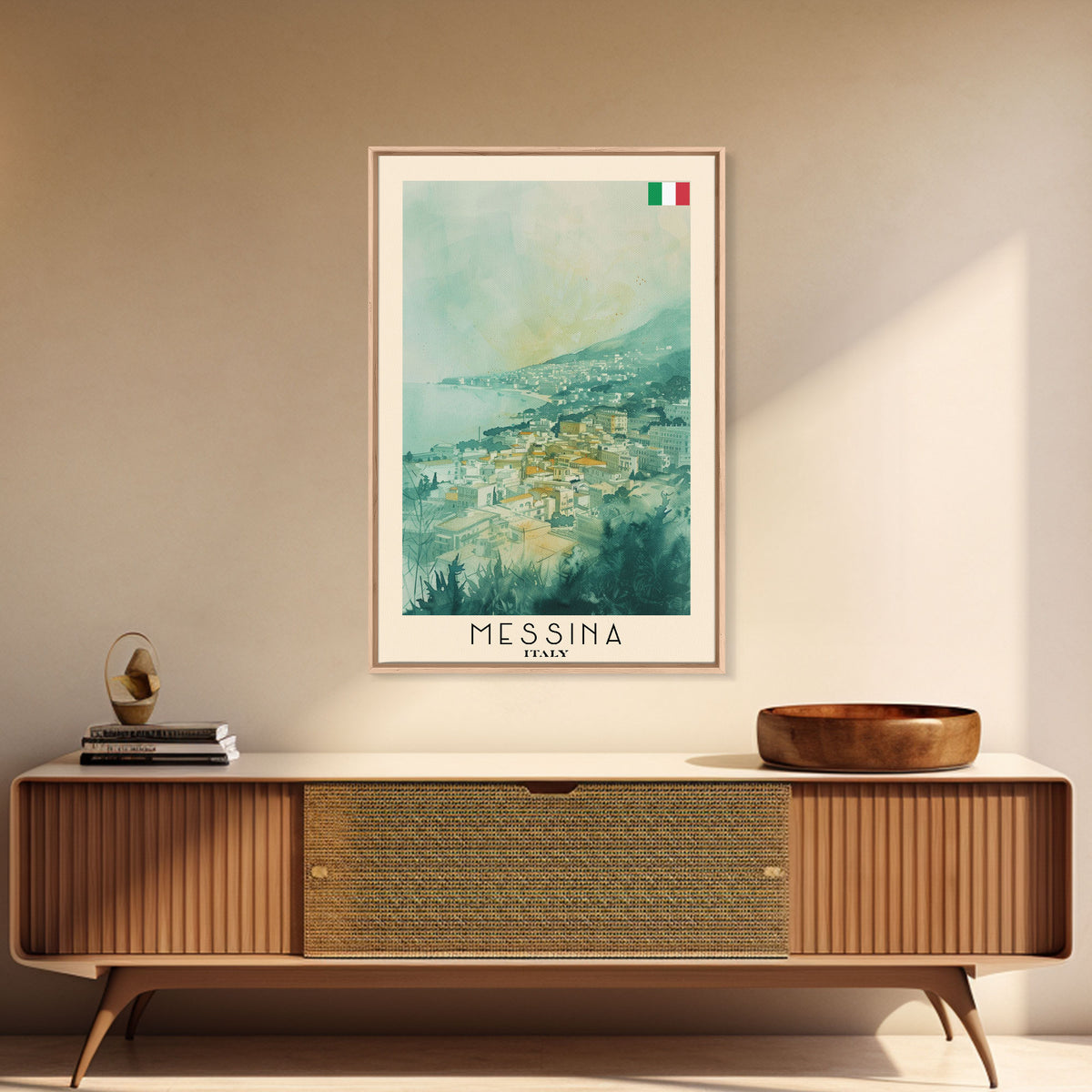 Messina Italy Travel Poster Framed Canvas Print, Urban Coastal Cityscape, Watercolor Art, Wall Decor, Home Decoration, Travel Print, Unique Art