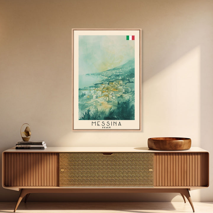 Messina Italy Travel Poster Framed Canvas Print, Urban Coastal Cityscape, Watercolor Art, Wall Decor, Home Decoration, Travel Print, Unique Art