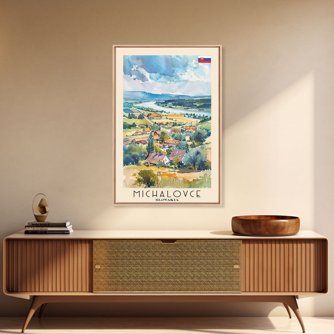 Michalovce Slovakia Travel Poster Framed Canvas Print, Scenic Landscape, Watercolor Painting, Wall Art, Home Decor, Travel Print, Original Piece