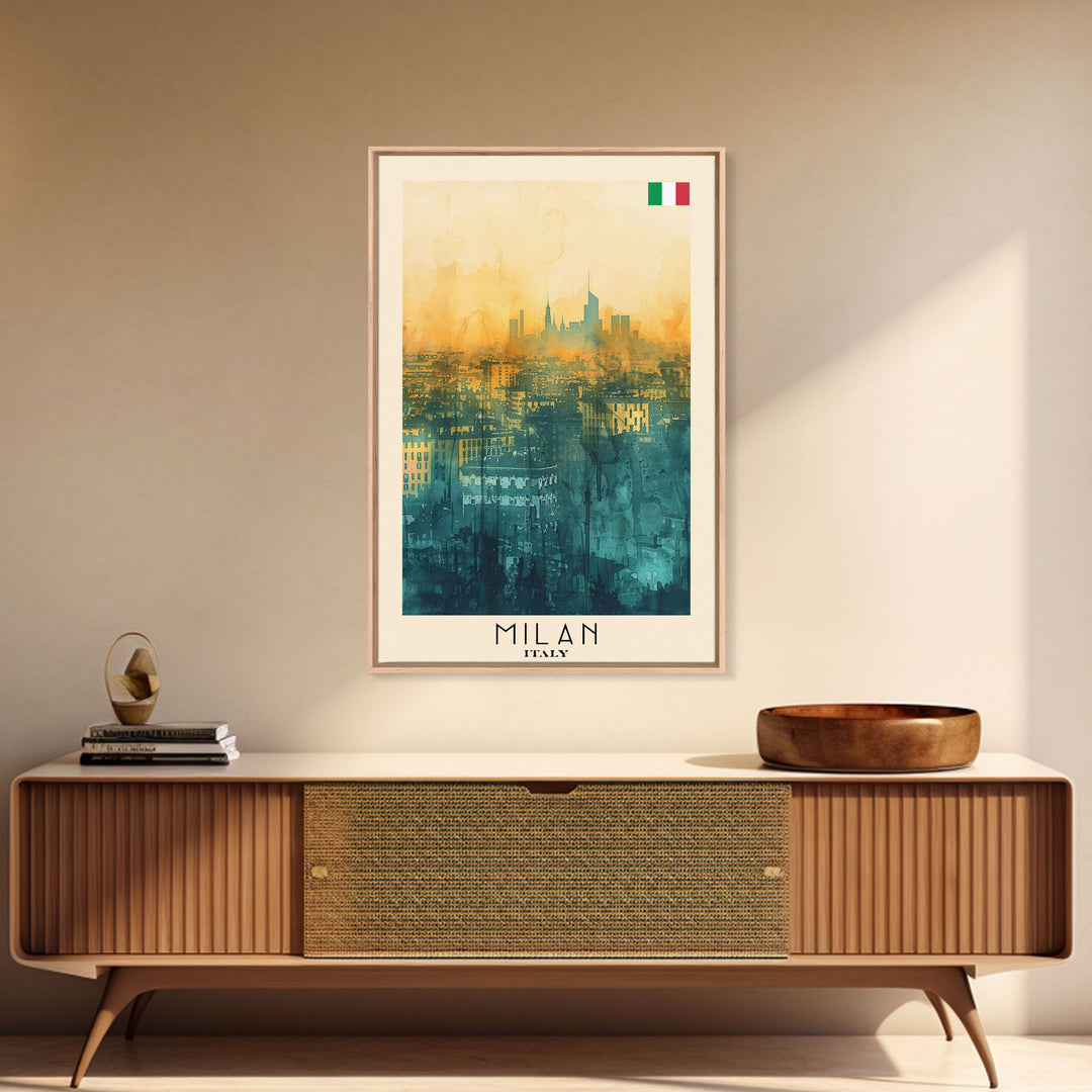 Milan Italy Travel Poster Framed Canvas Print, Iconic Landmarks, Urban Art, Wall Hanging, Home Decor, Travel Print, Artistic Gift