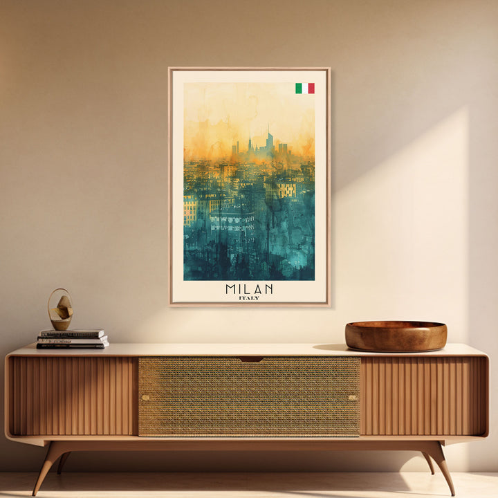 Milan Italy Travel Poster Framed Canvas Print, Iconic Landmarks, Urban Art, Wall Hanging, Home Decor, Travel Print, Artistic Gift
