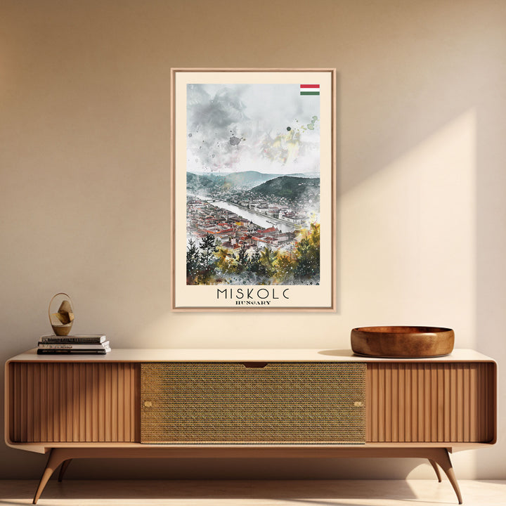 Miskolc Hungary Travel Poster Framed Canvas Print, Historic Cityscape, Watercolor Painting, Wall Decor, Home Decoration, Travel Print, Original Art