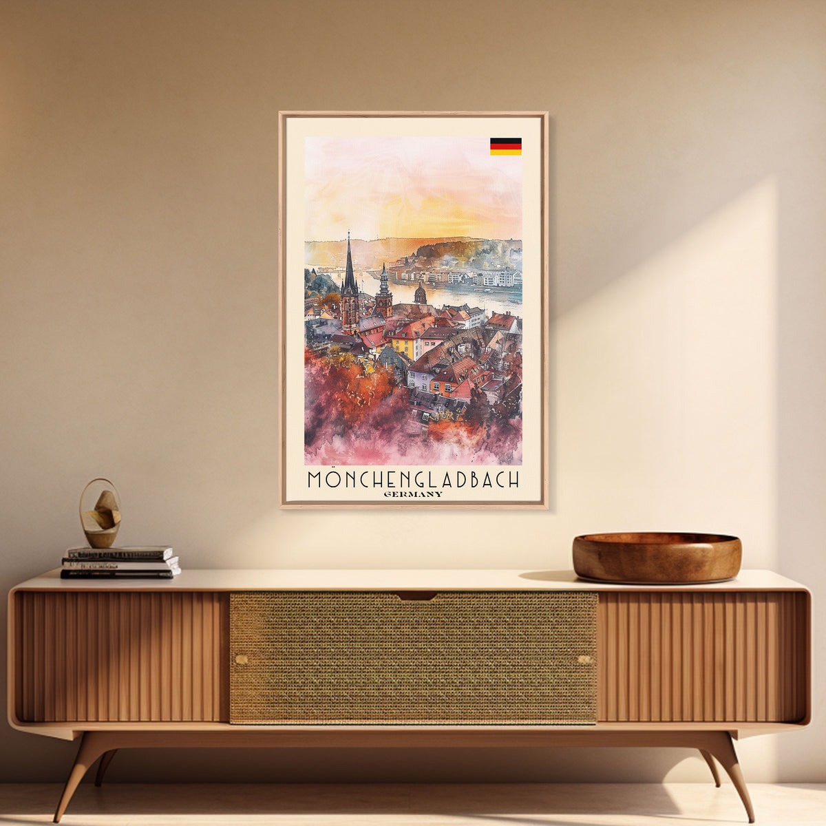 Mönchengladbach Germany Travel Poster Framed Canvas Print, Modern Cityscape, Watercolor Art, Wall Decoration, Interior Decor, Travel Print, Unique Artwork