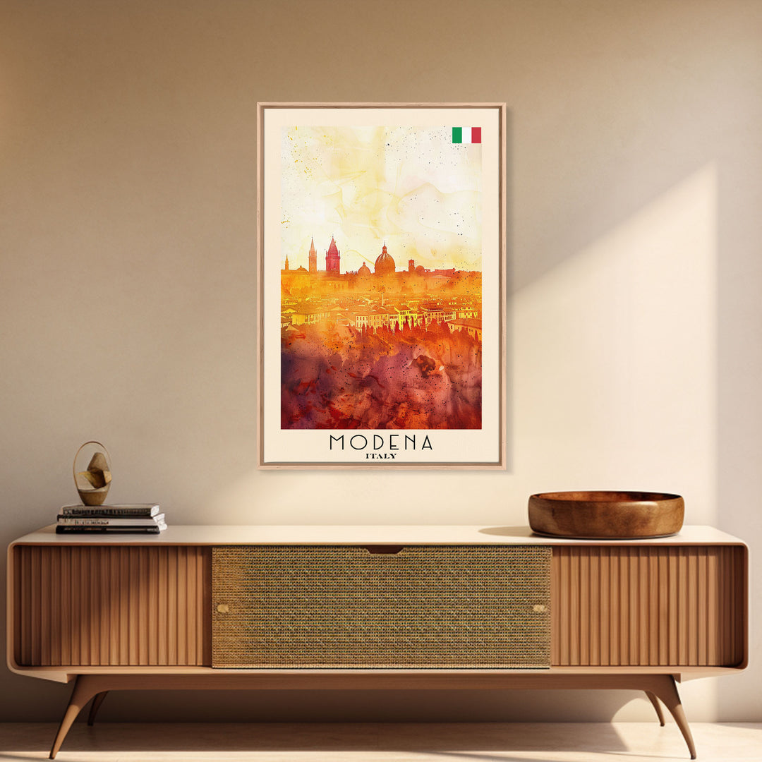 Modena Italy Travel Poster Framed Canvas Print, Historic Cityscape, Watercolor Art, Wall Hanging, Home Decor, Travel Print, Artistic Piece