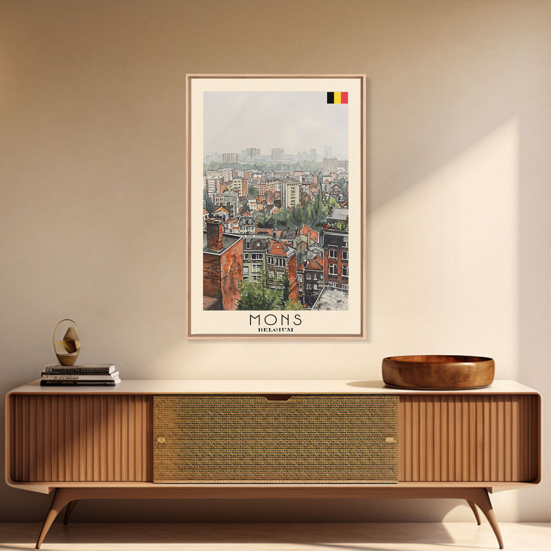 Mons Belgium Travel Poster Framed Canvas Print, Scenic Urban Landscape, Watercolor Painting, Wall Art, Home Decor, Travel Print, Original Painting