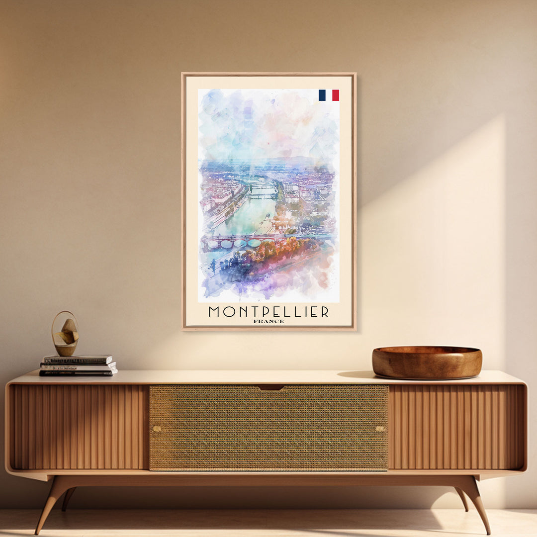 Montpellier France Travel Poster Framed Canvas Print, Vibrant Cityscape, Watercolor Art, Wall Decor, Interior Design, Travel Print, Unique Artwork