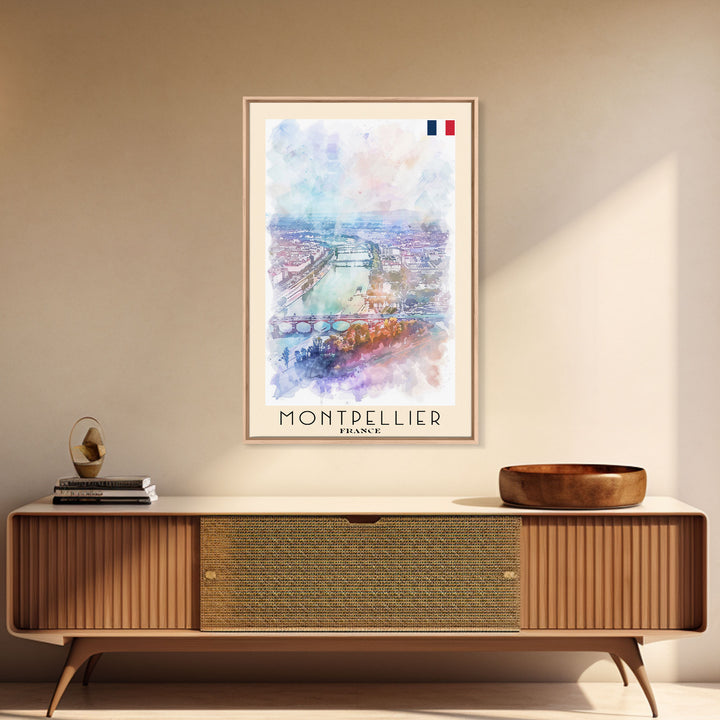 Montpellier France Travel Poster Framed Canvas Print, Vibrant Cityscape, Watercolor Art, Wall Decor, Interior Design, Travel Print, Unique Artwork