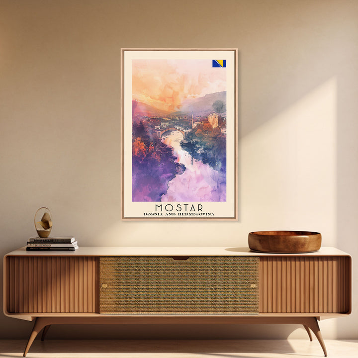 Mostar Bosnia Travel Poster Framed Canvas Print, Scenic Landscape, Watercolor Art, Wall Hanging, Home Decoration, Travel Print, Original Piece