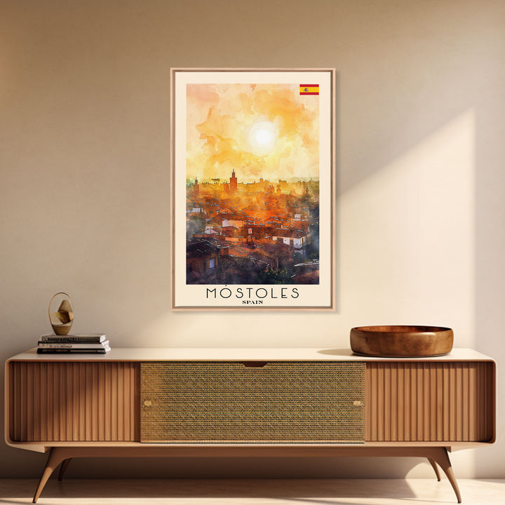 Móstoles Spain Travel Poster Framed Canvas Print, Urban Landscape, Watercolor Art, Wall Decor, Interior Decor, Travel Print, Unique Artwork