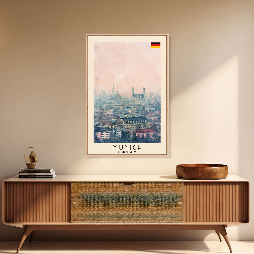 Munich Germany Travel Poster Framed Canvas Print, Iconic Cityscape, Watercolor Art, Wall Decoration, Home Decor, Travel Print, Artistic Piece
