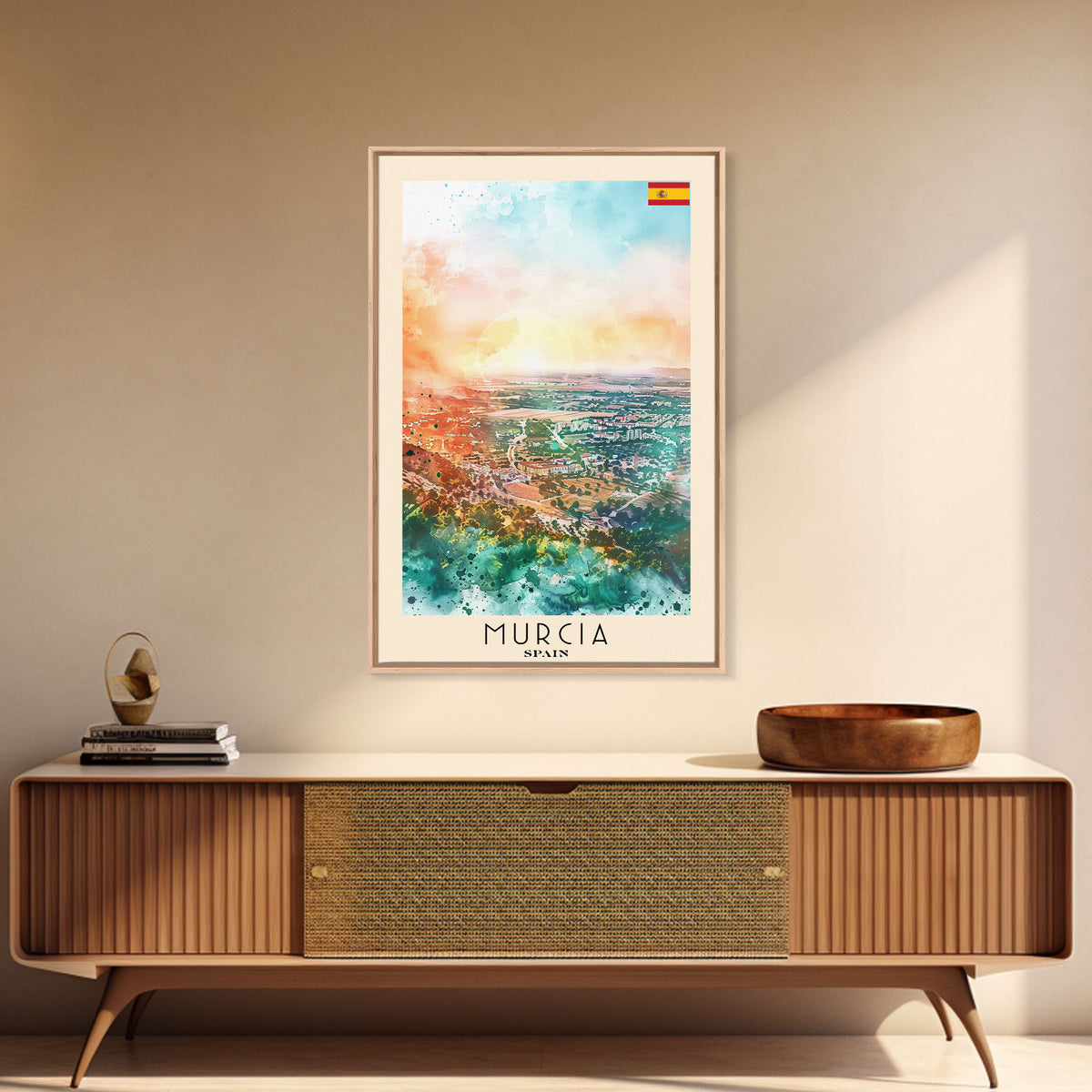 Murcia Spain Travel Poster Framed Canvas Print, Scenic Urban Landscape, Watercolor Art, Wall Hanging, Home Decor, Travel Print, Original Painting