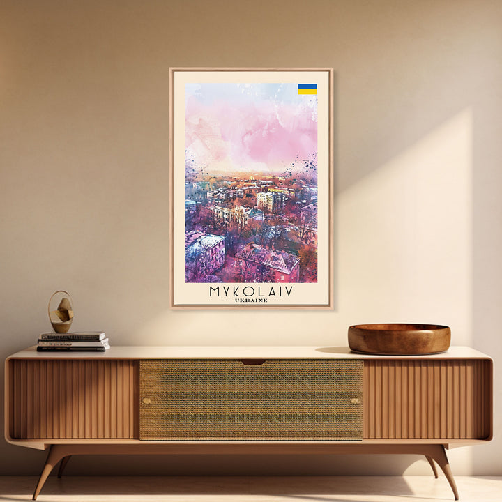 Mykolaiv Ukraine Travel Poster Framed Canvas Print, Urban Landscape, Watercolor Art, Wall Decor, Interior Decoration, Travel Print, Original Artwork
