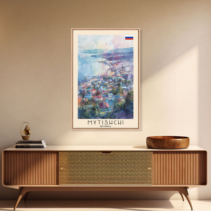 Mytishchi Russia Travel Poster Framed Canvas Print, Vibrant Cityscape, Watercolor Art, Wall Hanging, Home Decor, Travel Print, Unique Piece