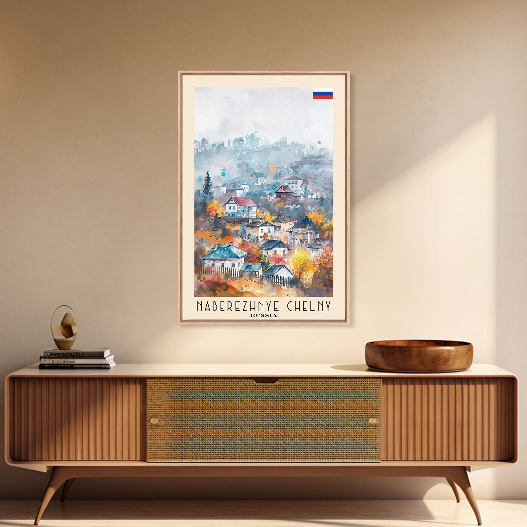 Naberezhnye Chelny Russia Framed Canvas Print, Boho Watercolor Painting, Scenic Wall Art, Travel Poster, Home Decor, Unique Art