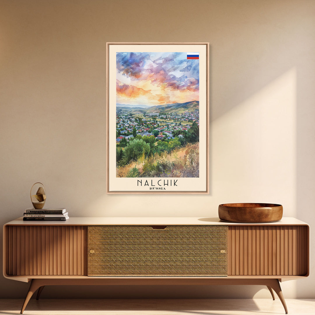 Nalchik Russia Travel Poster Framed Canvas Print, Sunset Watercolor Painting, Scenic Art, Vacation Wall Art, Living Room Decor, Unique Art