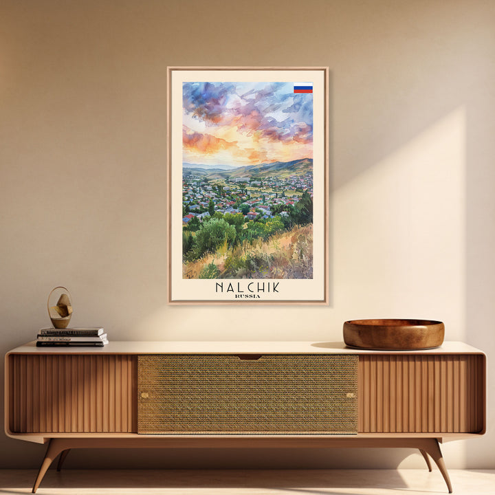 Nalchik Russia Travel Poster Framed Canvas Print, Sunset Watercolor Painting, Scenic Art, Vacation Wall Art, Living Room Decor, Unique Art